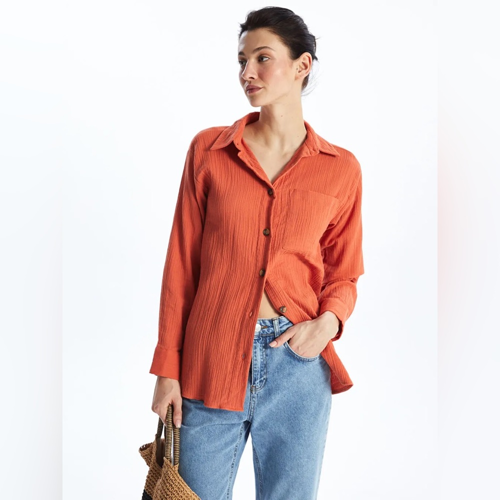 Women’s Button Down Crinkle Shirt - Burnt Orange, Size 44 ,L-XL in USA
